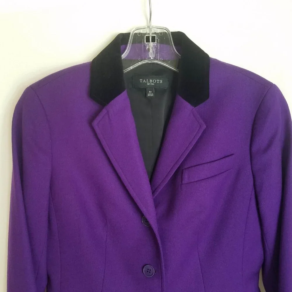 TALBOTS Petites Womens Wool Purple Three Button Blazer Jacket Size‎ 4 4p